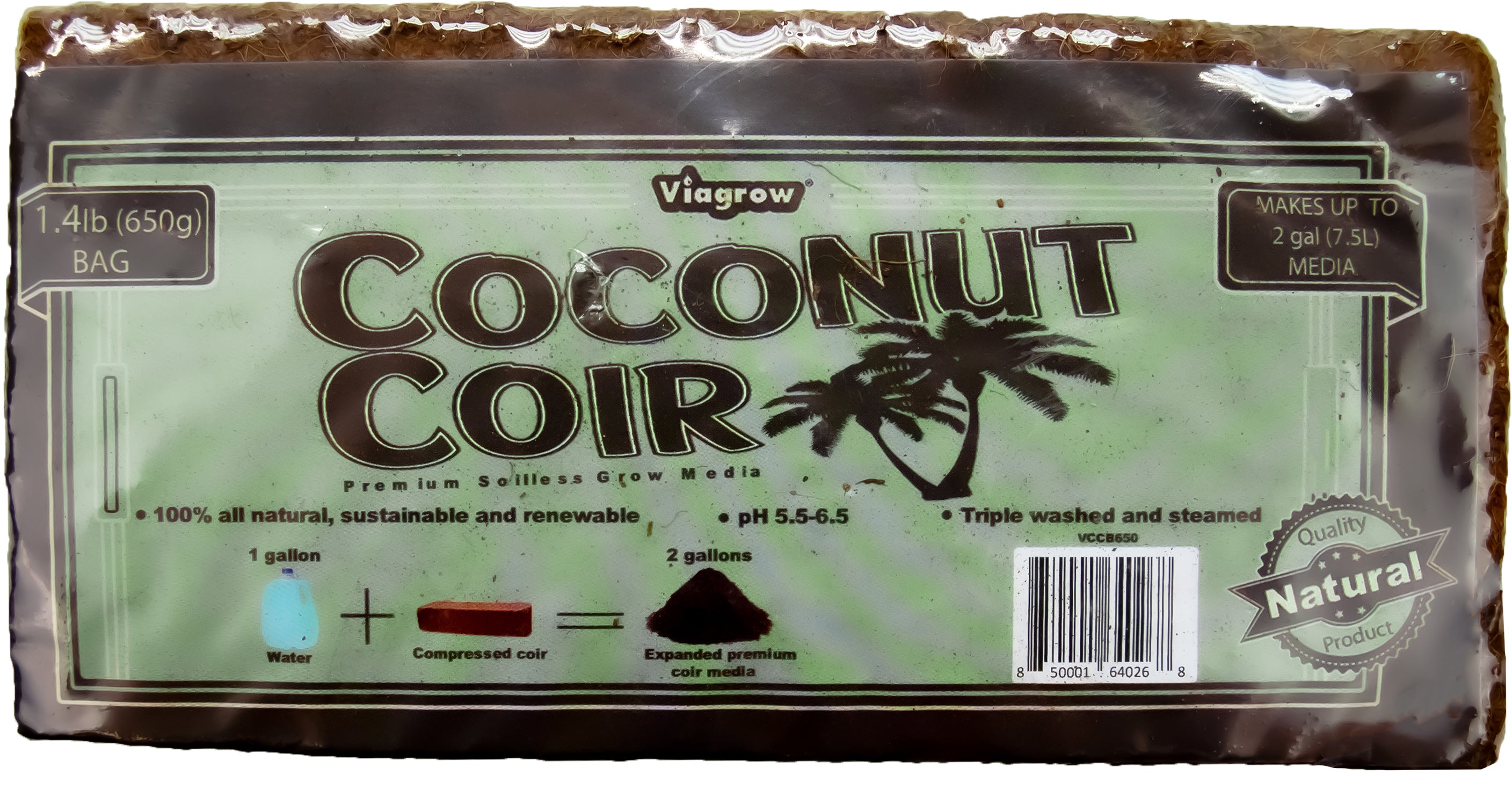 A packaged Viagrow Coconut Coir Compressed Brick, labeled as premium grow media for organic gardening.