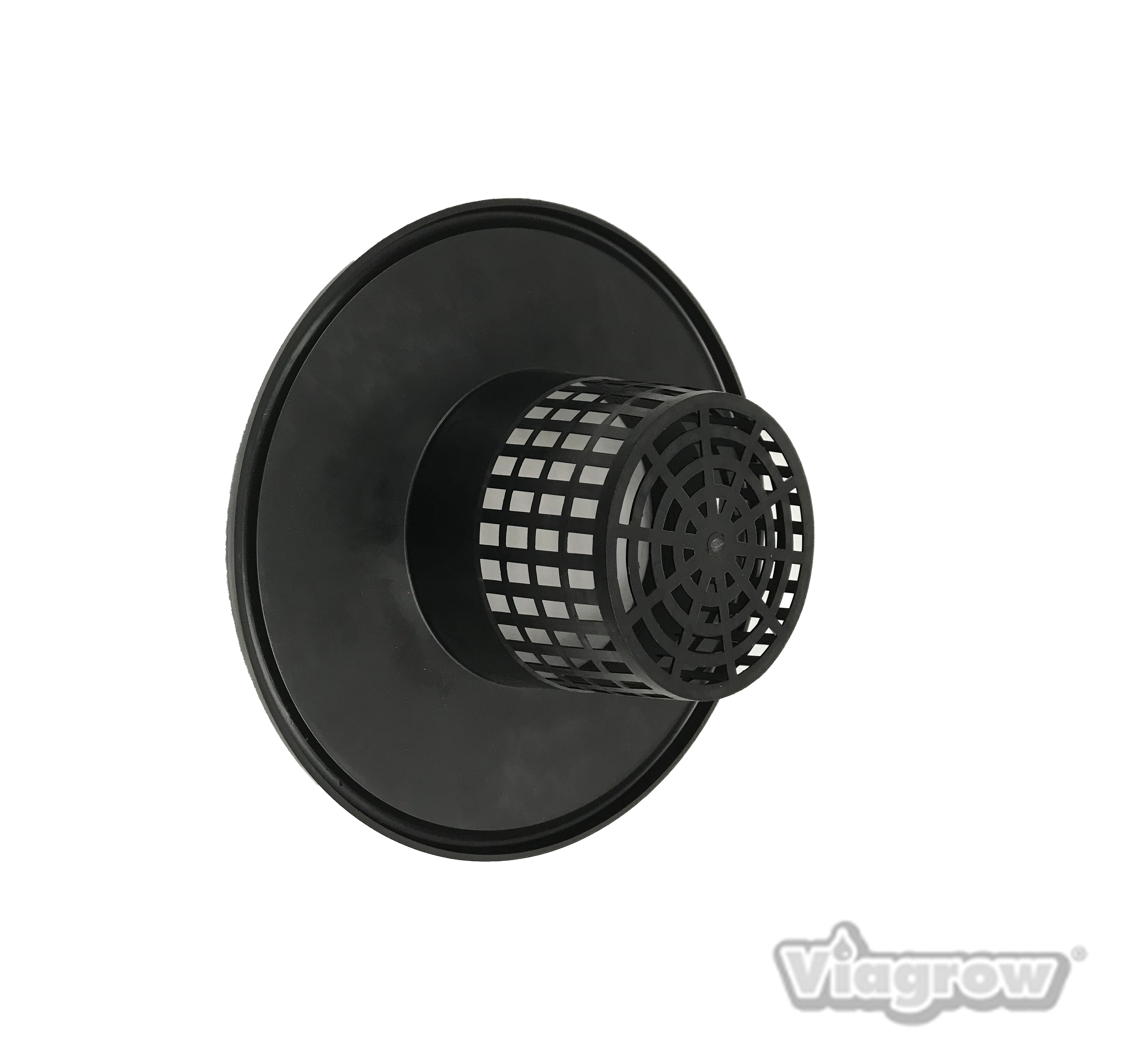 A black mesh pot bucket lid insert with a 6-inch net cup, designed for hydroponic applications, displayed on a white background.